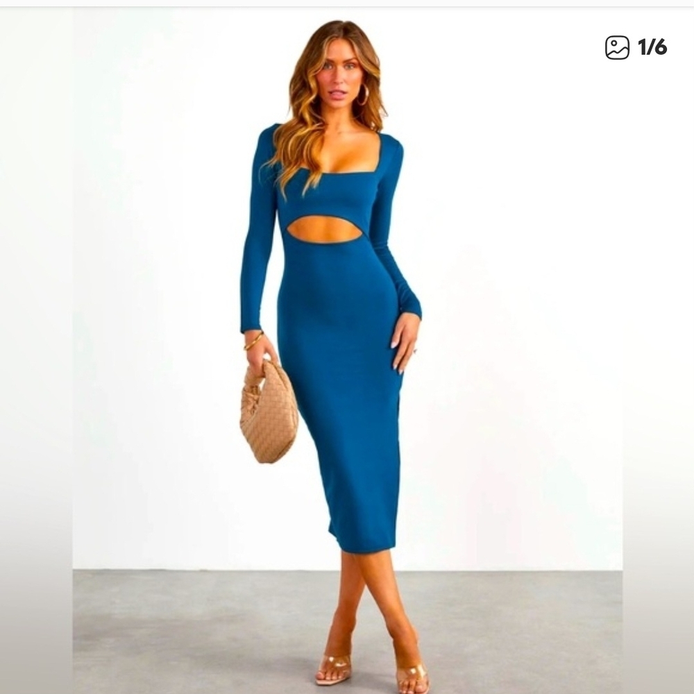 Vici Teal Long Sleeve Cutout Midi Dress
